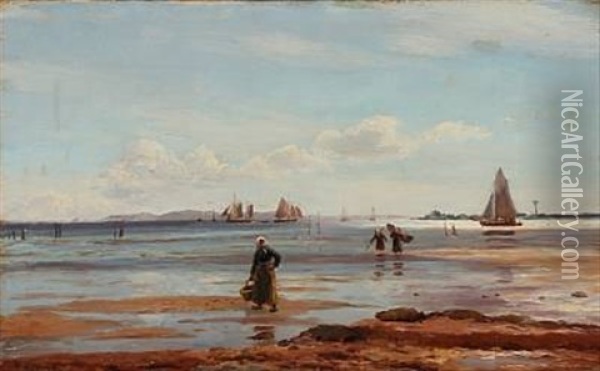 Coastal Scene With Fishermens Wives On The Beach At Halso Oil Painting - Holger Luebbers