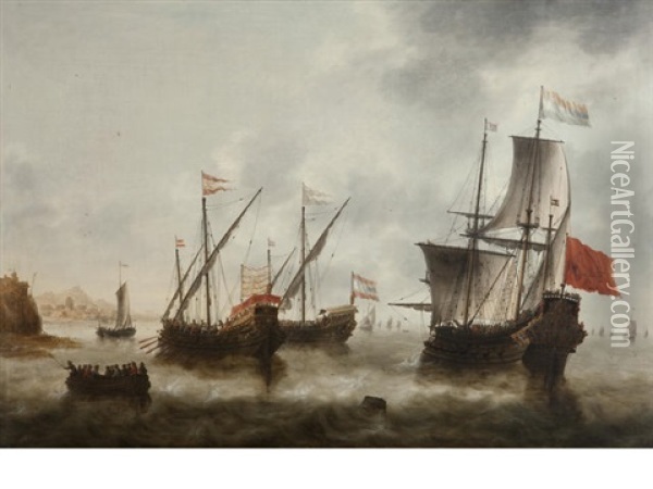 Shipping Off A Southern Coast Oil Painting - Jacob Adriaenz. Bellevois