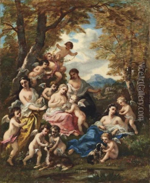 Nymphes Et Amours, Scene Champetre Idyllique Oil Painting - Narcisse-Virgile D Az De La Pena