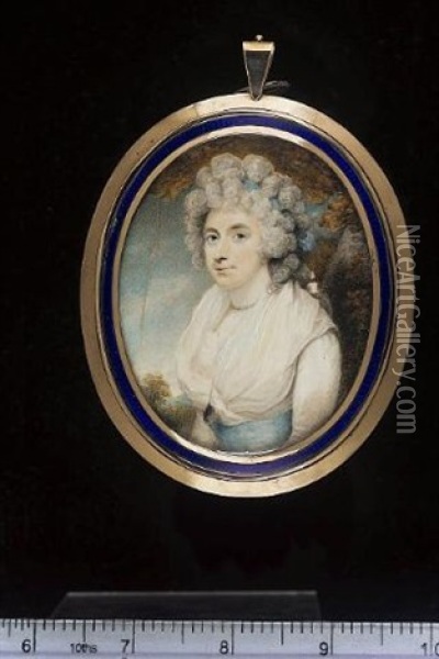 Sarah Anne (nee Child), Countess Of Westmorland, In A Landscape, Wearing White Dress With White Fichu And Blue Ribbon Waistband, Pendant Locket, Pearl Choker And Blue Bandeau In Her Long Powdered Hair Oil Painting - Henry Edridge