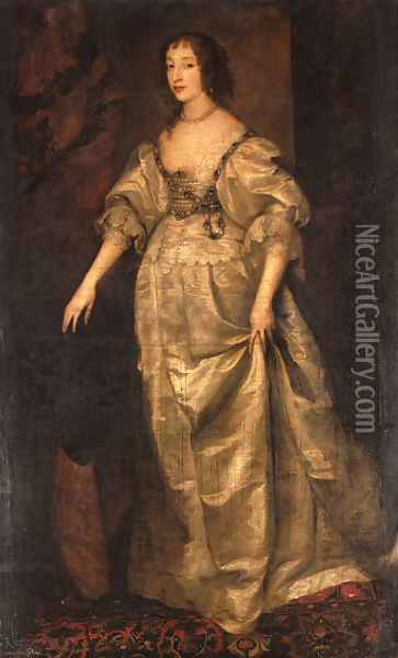 Portrait of Queen Henrietta Maria, full-length, in a white silk dress Oil Painting - Sir Anthony Van Dyck