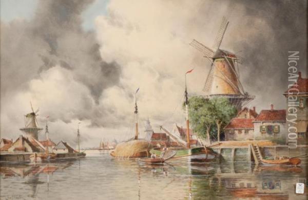 Dutch Canal View Oil Painting - Hermanus Jr. Koekkoek