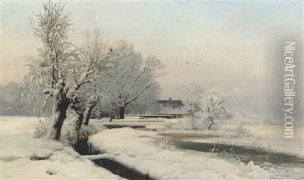 Winter Landscape By A River Oil Painting - Anders Andersen-Lundby