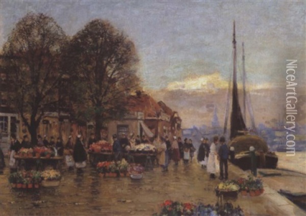 Blumenmarkt In Alt-delft Oil Painting - Heinrich Hermanns