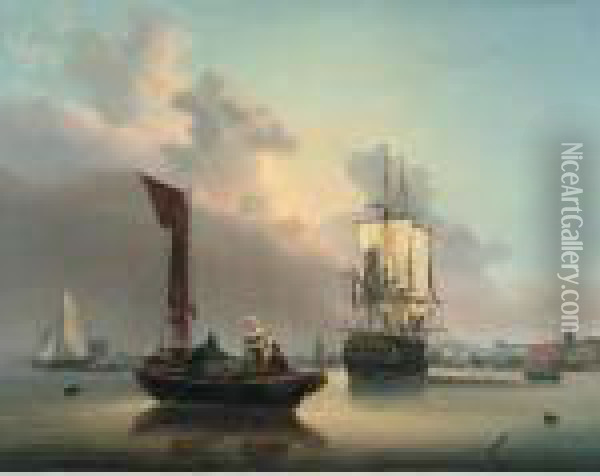 A Frigate At Anchor With Other Vessels Near Deptford Oil Painting - George Webster