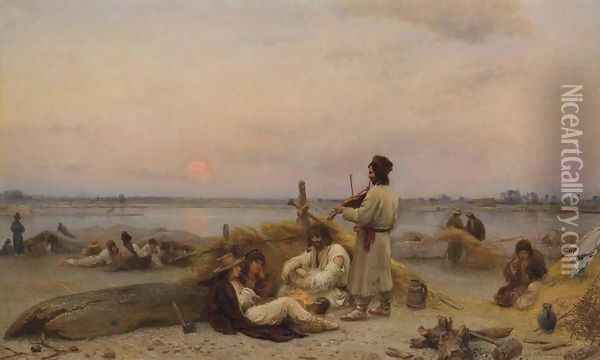 Raftsmen by the Vistula River Oil Painting - Wilhelm August Stryowski (Stryjowski)