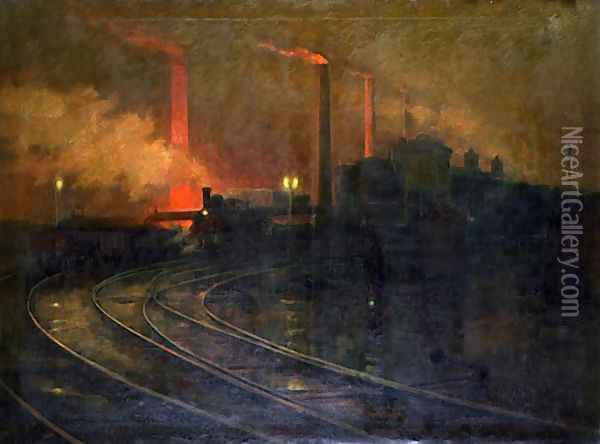 The Steelworks, Cardiff at Night, 1893-97 Oil Painting - Lionel Walden