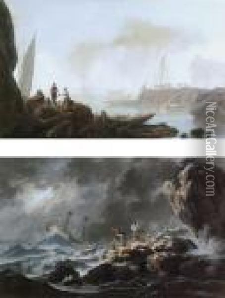 Fisherfolk On A Mediterranean Coast (#) Shipwreck Oil Painting - Jean-Baptiste Pillement