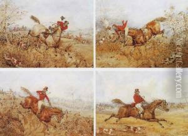 Jumping A Fence (#) A Dangerous Fall (#) Crossing A Ditch (#) In Full Cry Oil Painting - Henry Thomas Alken