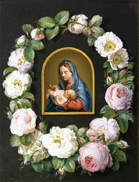 Maria Mit Dem Kinde In Einem Kranz Von Rosen Oil Painting - Pauline Von Koudelka-Schmerling