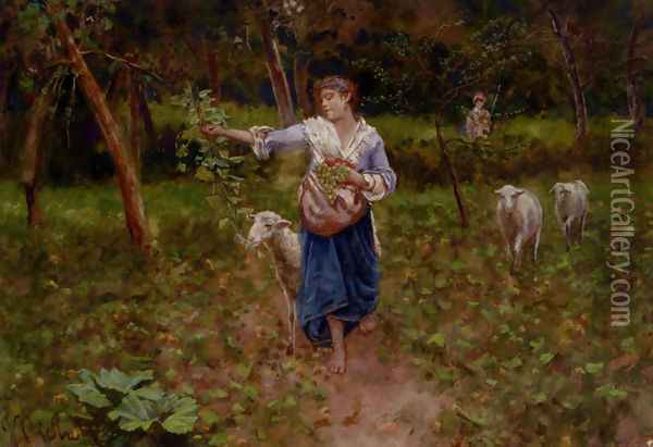 A Shepherdess In A Pastoral Landscape Oil Painting - Francesco Paolo Michetti