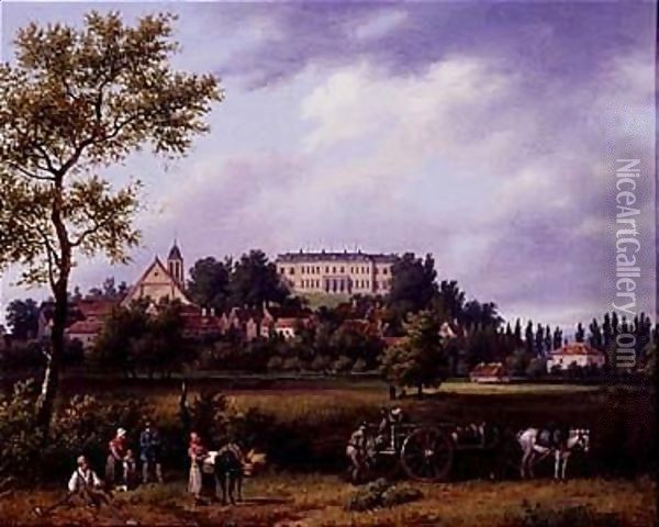 Landscape with peasants working in the fields with a town and a manor house Oil Painting - Guiseppe Canella