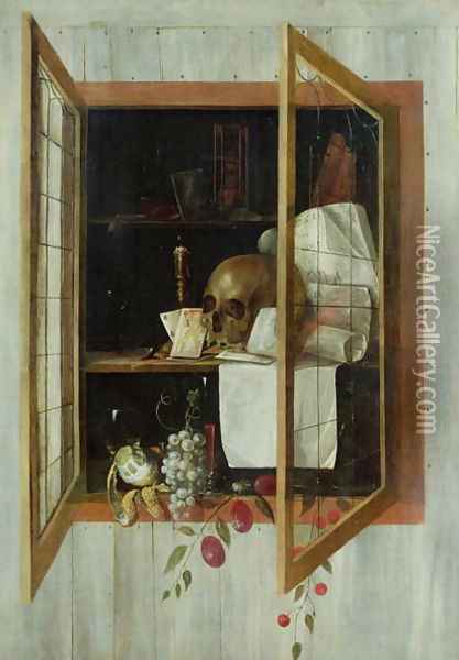 Vanitas still life seen through a trompe loeil window Oil Painting - Cornelis Norbertus Gysbrechts