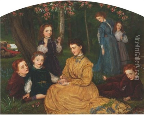 A Birthday Picnic - Portraits Of The Children Of William And Anne Pattinson Esq. Of Felling, Near Gateshead Oil Painting - Arthur Hughes