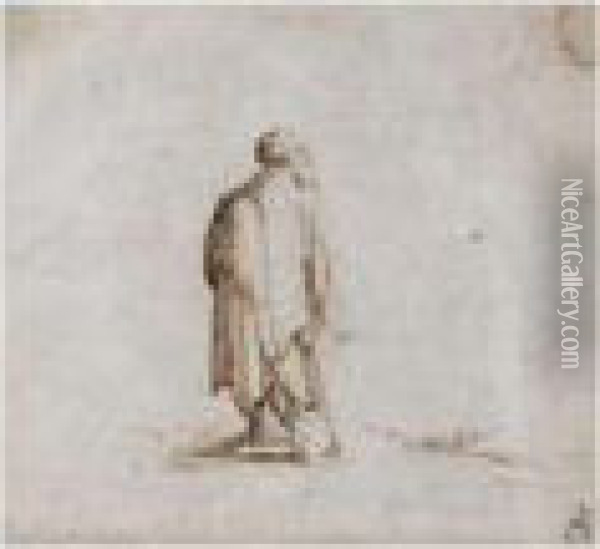 Standing Male Peasant With Tattered Clothes, Leaning On A Stick Oil Painting - Jacques Callot