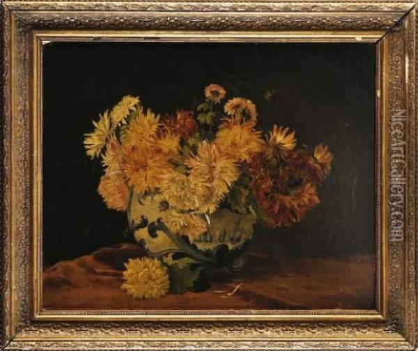Bouquet De Dahlias Dans Un Vase De Delft Oil Painting - Eugene Henri Cauchois