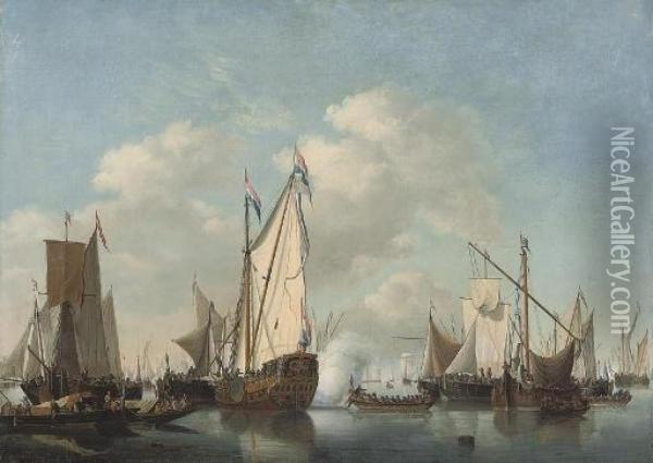 A Dutch Man-o'war, A Rowing Boat And Other Shipping In Calm Waters Oil Painting - Willem van de, the Elder Velde