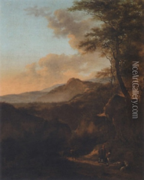 Travellers In An Italianate Landscape Oil Painting - Jan Dirksz. Both