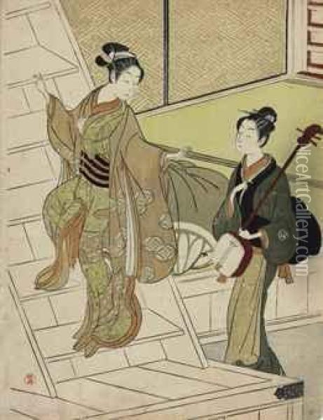Geisha And Her Maid With Shamisen Oil Painting - Suzuki Harunobu