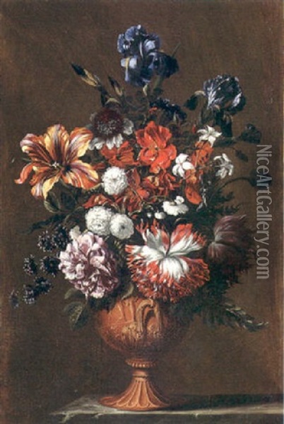 Irises, A Tulip, A Poppy, A Rose, Jasmine And Other Flowers  In A Sculpted Urn On A Stone Ledge Oil Painting - Jean-Baptiste Belin de Fontenay the Elder
