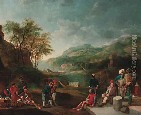 Oriental merchants and galley slaves in a river landscape Oil Painting - Jan Griffier