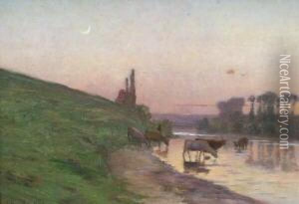 Flusslandschaft Mit Kuhen Und Burgruine Bei Dammerung Oil Painting - Ernest Baillet