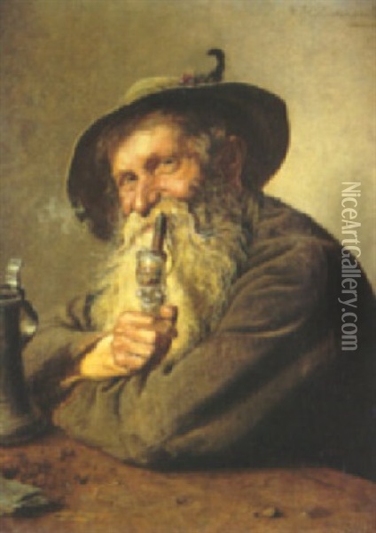 A Portrait Of A Bavarian Man Smoking A Pipe With A Stein On A Table Oil Painting - Hugo Kotschenreiter