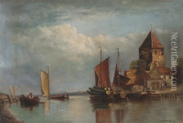 Canal Scene With Boats Oil Painting - Hendrik Barend Koekkoek