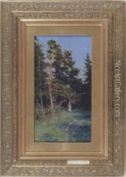 Kvinna I Skogsglanta Invid Blommande Nyponbuske Oil Painting - Elias Erdtman