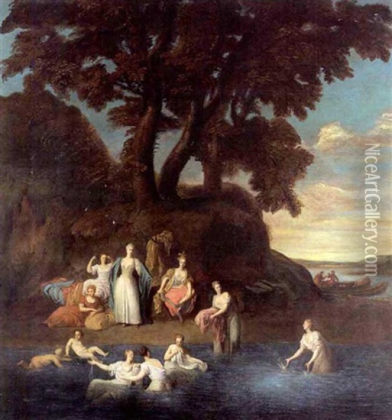 Le Dejeuner Champetre Dans Un Paysage (+ Baigneuses Pres Du Rivage; Pair) Oil Painting - Jean-Baptiste Santerre