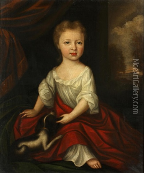 Portrait Of Ursula Fox (1703-1796) As A Child Seated With Her King Charles Spaniel Oil Painting - John Verelst