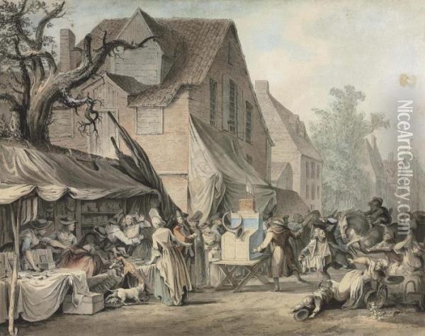 A Street Scene With A Fair, Mortlake Oil Painting - Samuel Hieronymus Grimm