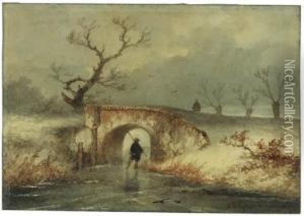 A Man Skating On A Frozen Dyke, Passing A Bridge Oil Painting - Johannes Franciscus Hoppenbrouwers