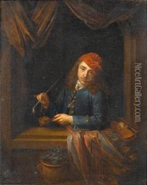 A Young Man In A Blue Coat With A Violinleaning On A Window Ledge Holding A Pipe Oil Painting - Arnold Boonen