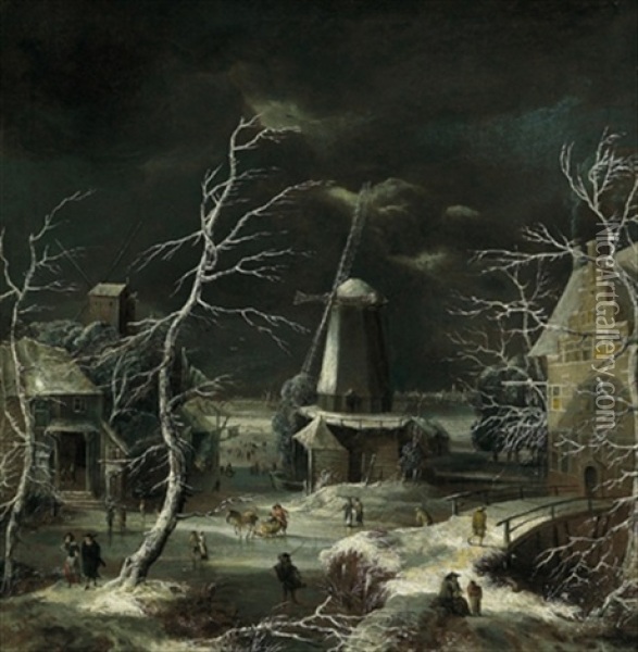 Blick Auf Ein Dorf Im Winter Mit Einer Windmuhle, Einem Pferdeschlitten Und Eislaufern Oil Painting - Jan Abrahamsz. Beerstraten