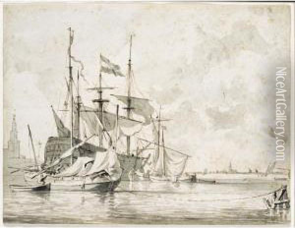 A Dutch Warship At Anchor, With Smaller Boats Moored Alongside Oil Painting - Jan Claes Rietschoof