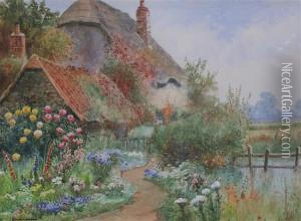Garden And Thatched Cottage With Pond And Fields Beyond Oil Painting - Arthur Stanley Wilkinson
