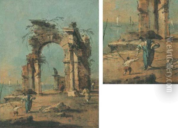 Caprice Architectural Avec Une Arche Et Des Personnages Oil Painting - Francesco Guardi