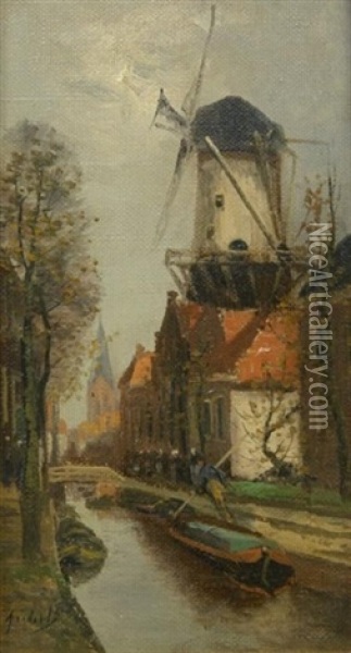 Kleine Hollandische Gracht Mit Windmuhle Oil Painting - Adriaan Christiaan Willem Terhell