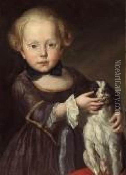 A Portrait Of A Young Boy, Three-quarterlength, With His Dog Oil Painting - Antoine Pesne