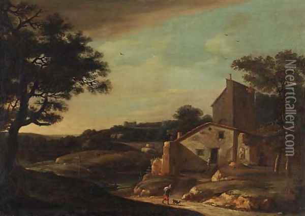 A landscape with a traveller on a path near a cottage Oil Painting - Dutch School