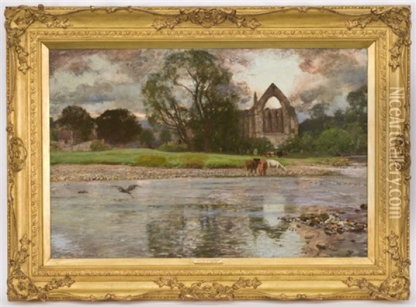 Cattle Watering At A Ruined Abbey Oil Painting - Sir David Murray