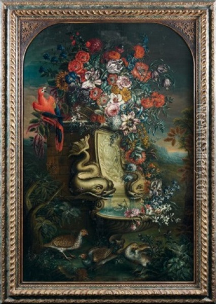 Fontaine, Fleurs Et Oiseaux Oil Painting - Jean George Christian Coclers