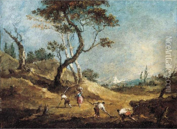 A Pastoral Landscape With Peasants Hoeing And A Washerwoman Before Some Trees Oil Painting - Francesco Guardi