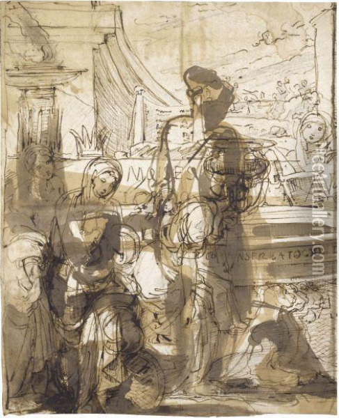 Studies For An Adoration And The Finding Of Moses And Otherstudies, A Classical Building In The Background Oil Painting - Fortunato Duranti