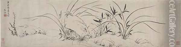 Orchid Rocks and Bamboo Ming Dynasty Oil Painting - Wen Jia