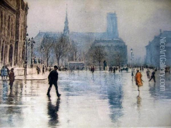 Parisian Street Scene Oil Painting - Henri Hirne,dit Le Riche