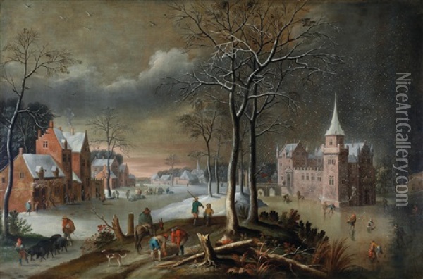 A Winter Landscape With Figures Skating Near A Moat Oil Painting - Jan Abrahamsz. Beerstraten