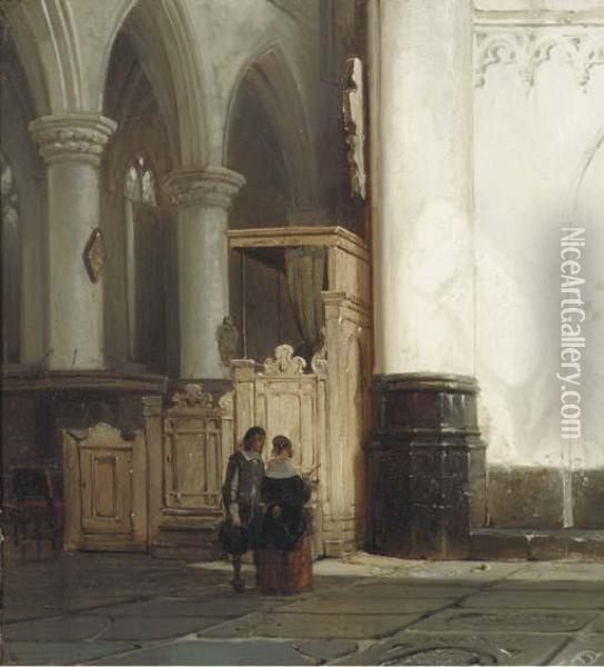 Church Interior With An Elegant Couple Oil Painting - Cornelis Springer