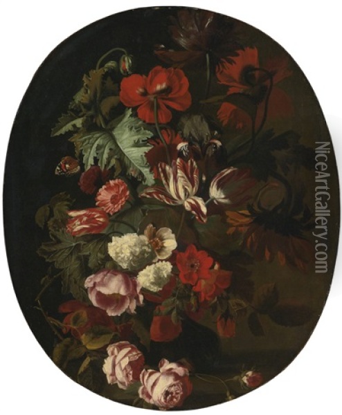 Roses, Tulips, Hydrangea And Other Flowers In An Urn With Butterflies Oil Painting - Simon Pietersz Verelst